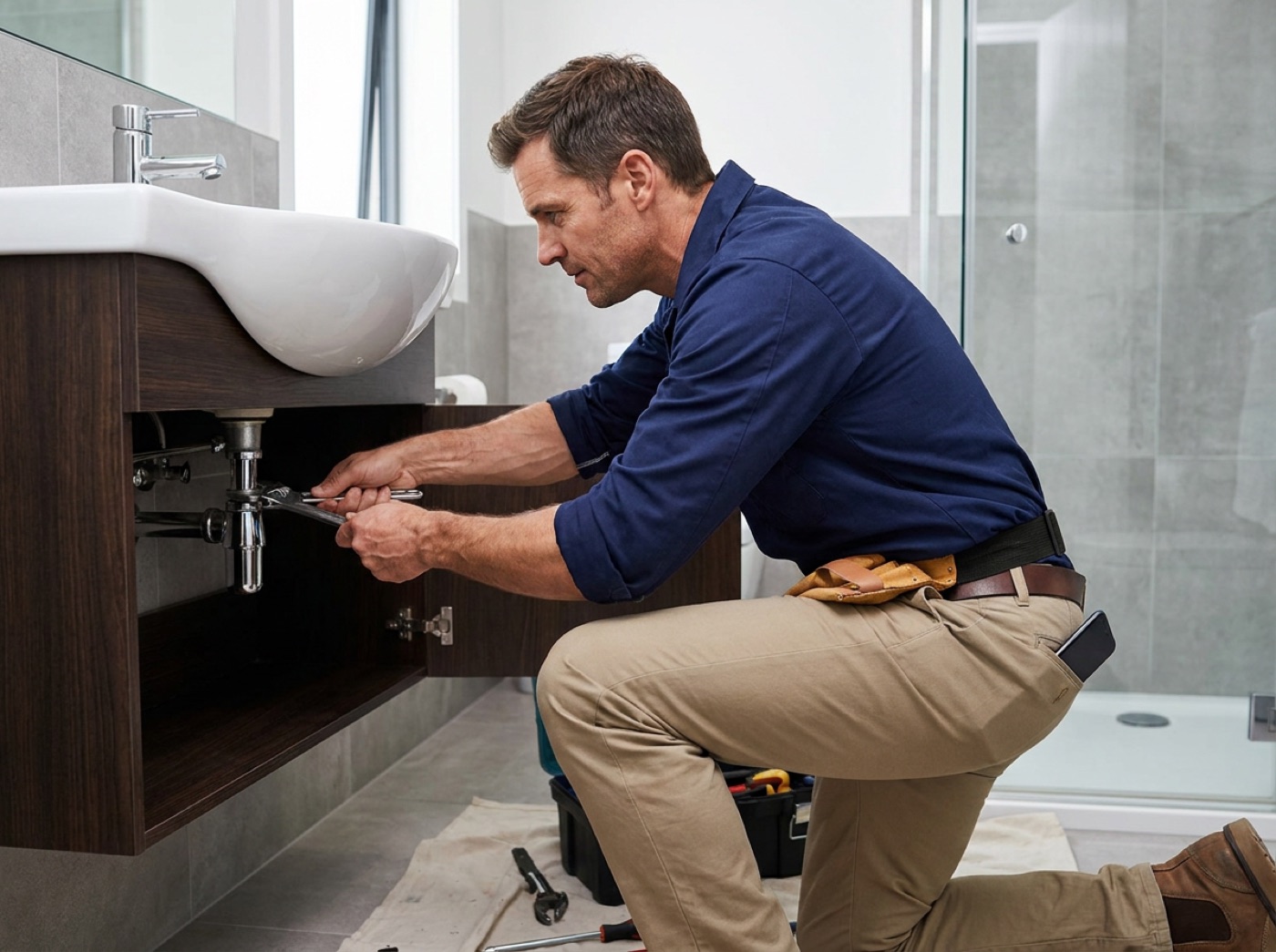 Local service professional working while a phone remains close at hand