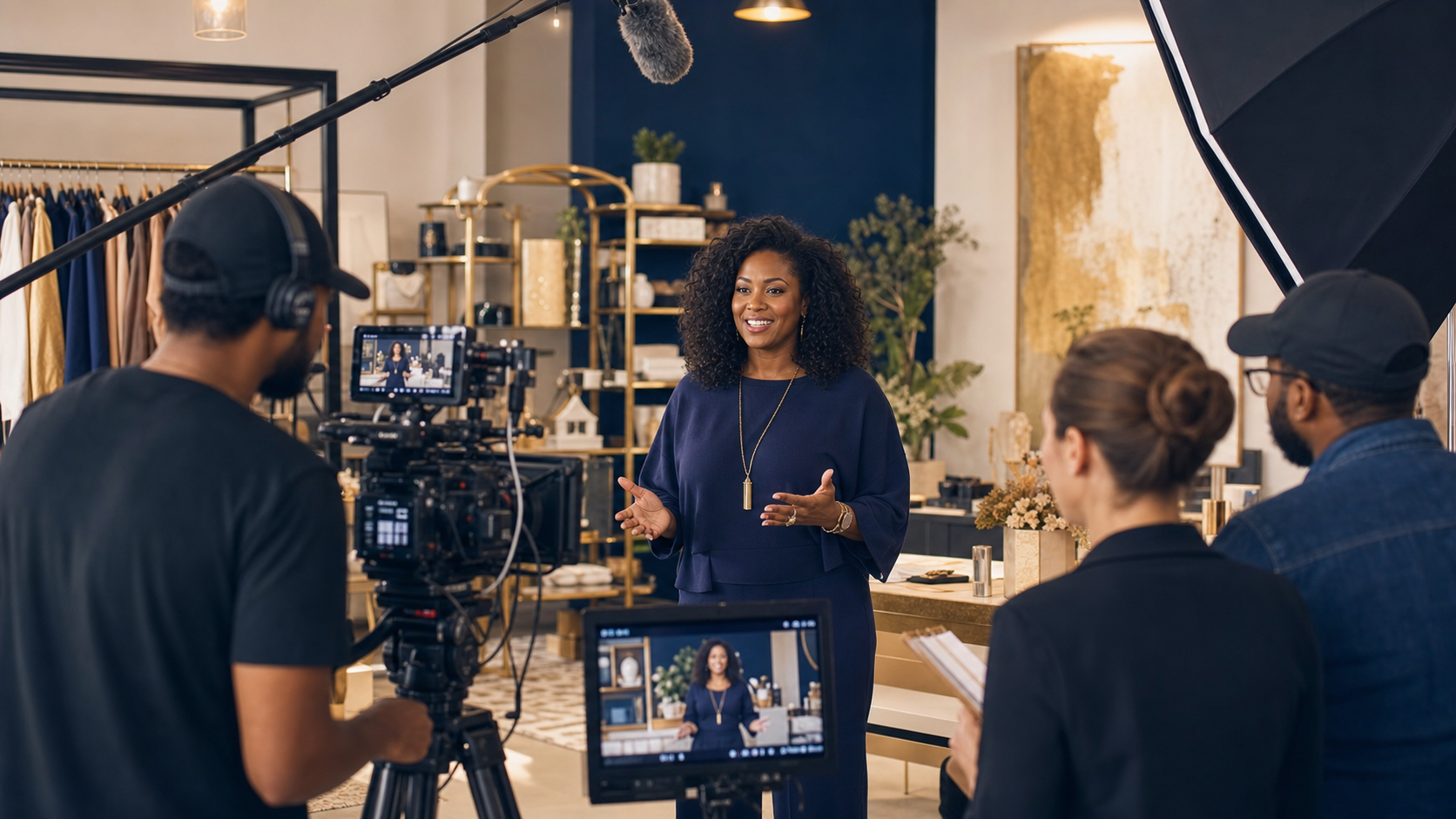 Business owner and professional production crew filming a commercial