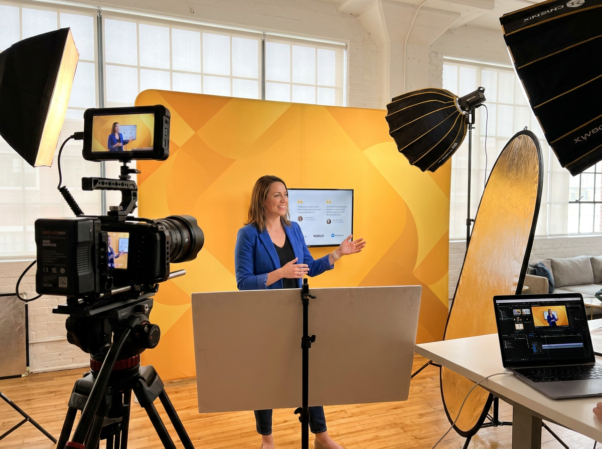 Business owner and professional production crew filming a commercial
