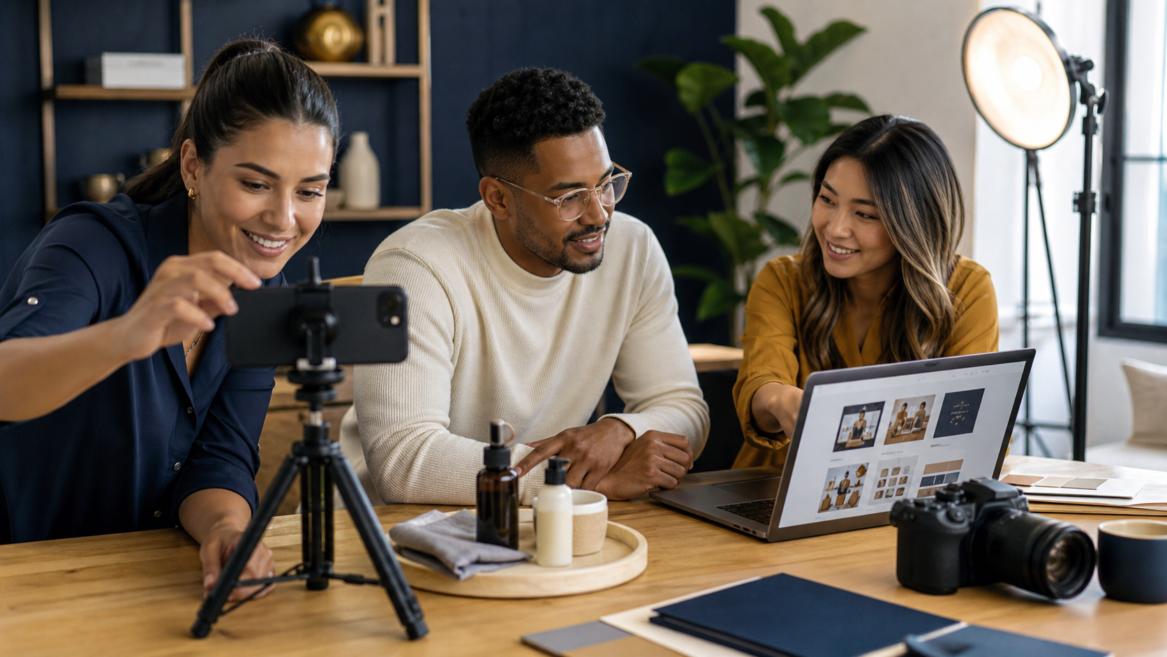 Small-business marketing team producing and reviewing social media content